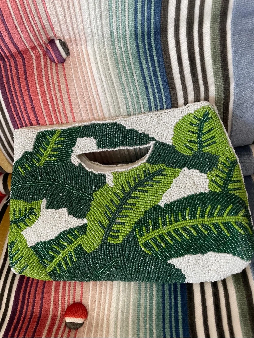 Beaded Tropical Leaf Clutch - Green & White